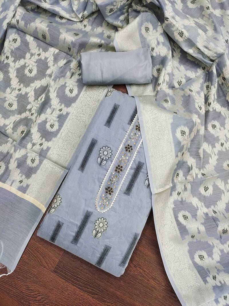 grey chanderi silk woven dress material