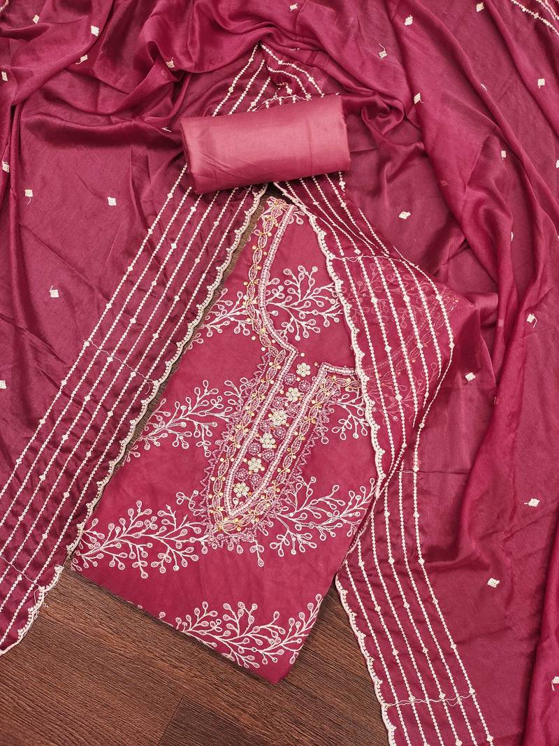 pink organza embroidered dress material