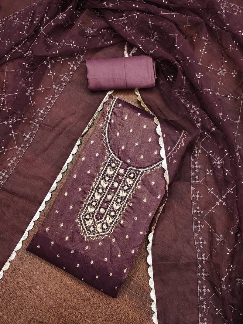 wine organza woven dress material