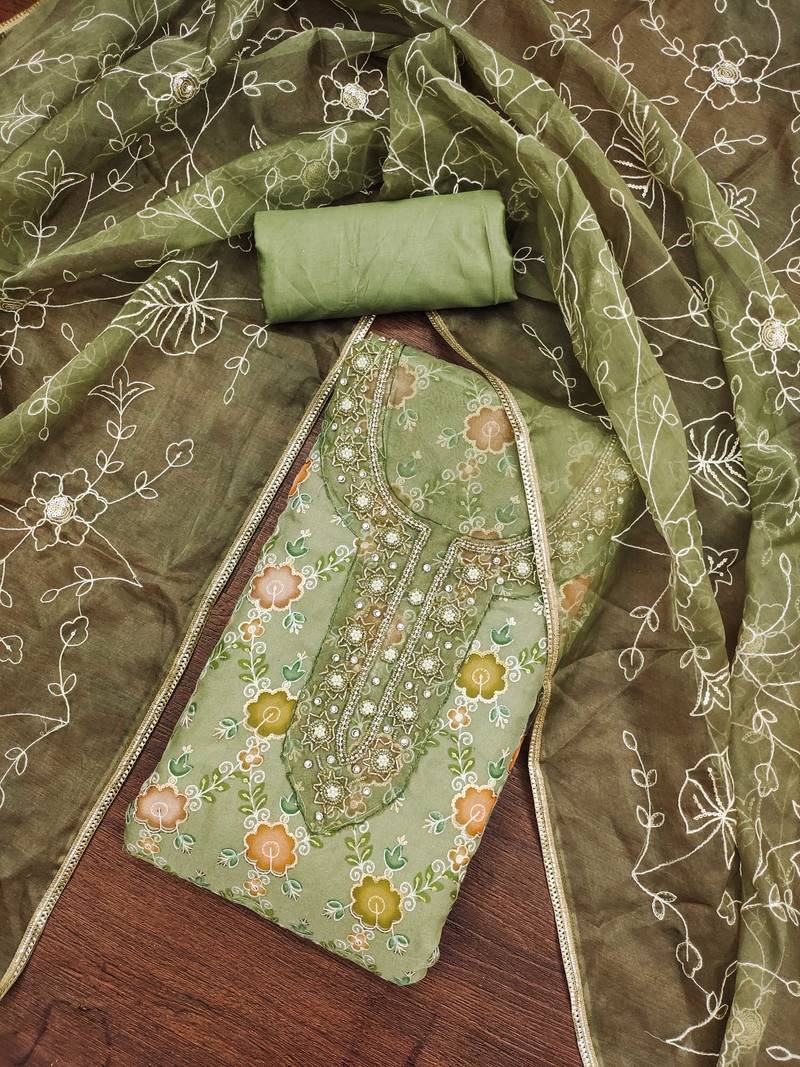 green organza embroidered dress material