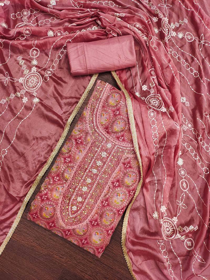 orange organza embroidered dress material