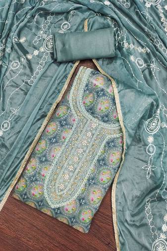 teal organza embroidered dress material