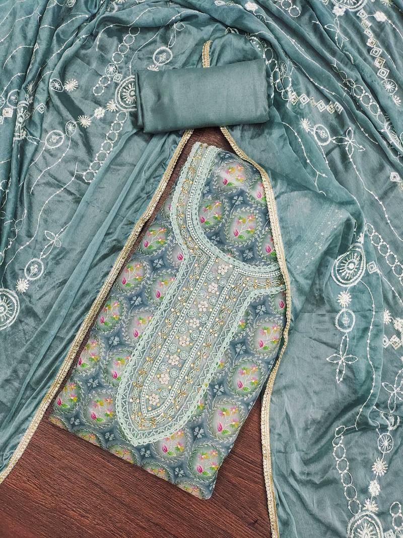 teal organza embroidered dress material