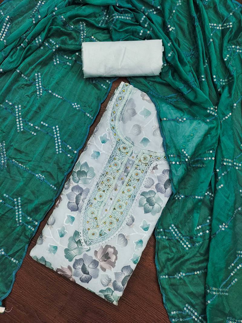 blue organza embroidered dress material