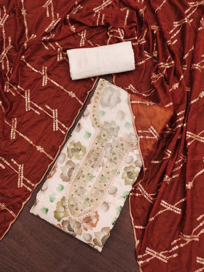 peach organza embroidered dress material