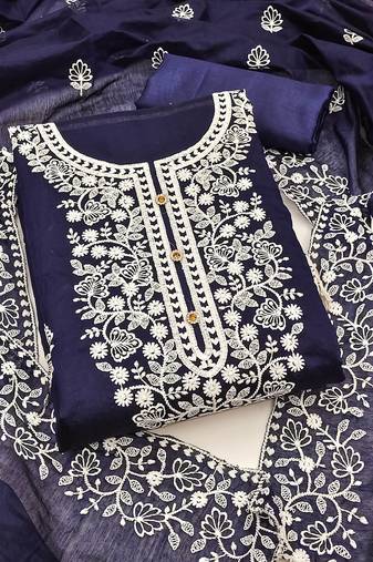 blue cotton embroidered dress material