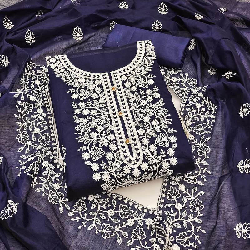 blue cotton embroidered dress material