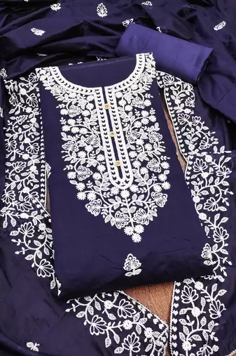 blue cotton embroidered dress material