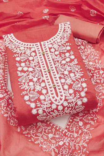 peach cotton embroidered dress material