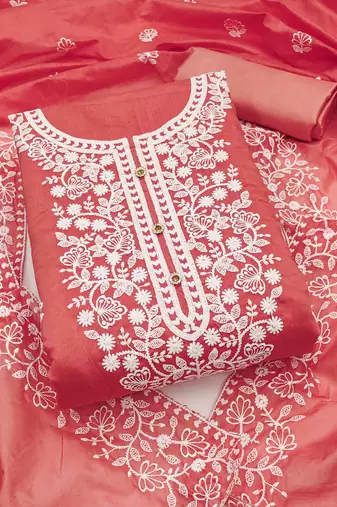 peach cotton embroidered dress material