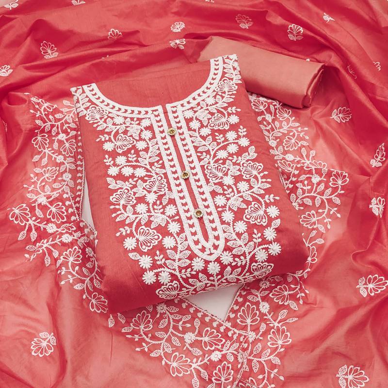 peach cotton embroidered dress material