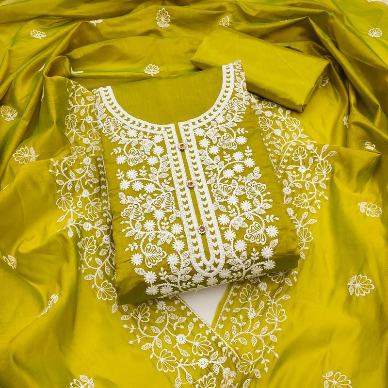 lime cotton embroidered dress material
