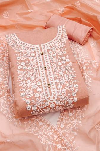 peach cotton embroidered dress material