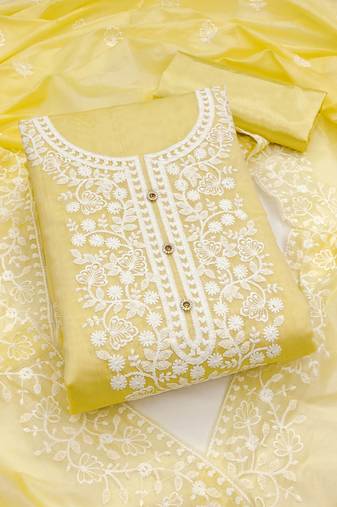 yellow cotton embroidered dress material