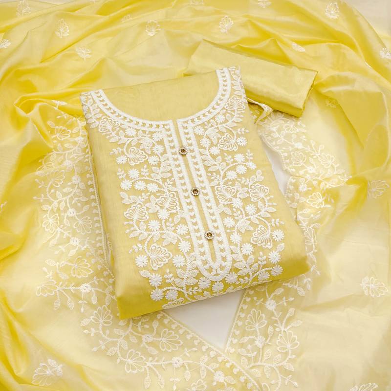 yellow cotton embroidered dress material