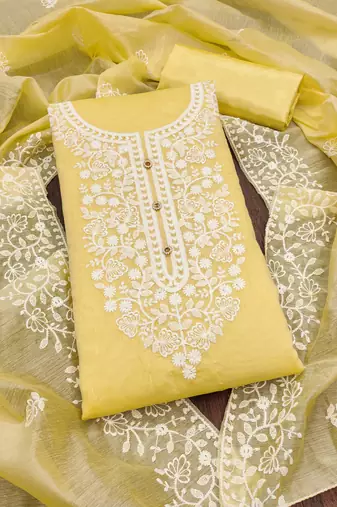 yellow cotton embroidered dress material