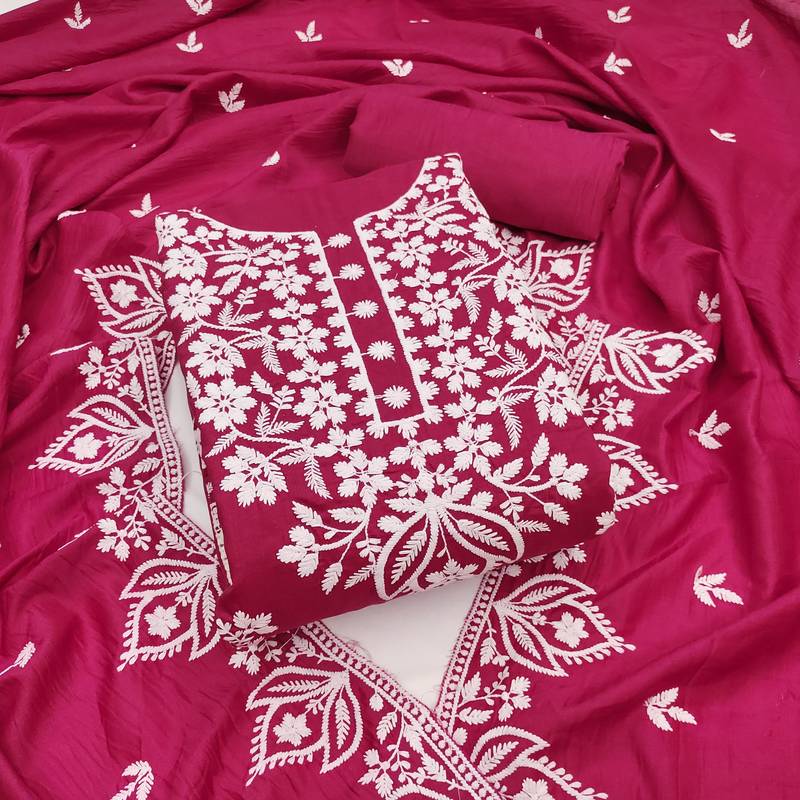 pink cotton embroidered dress material