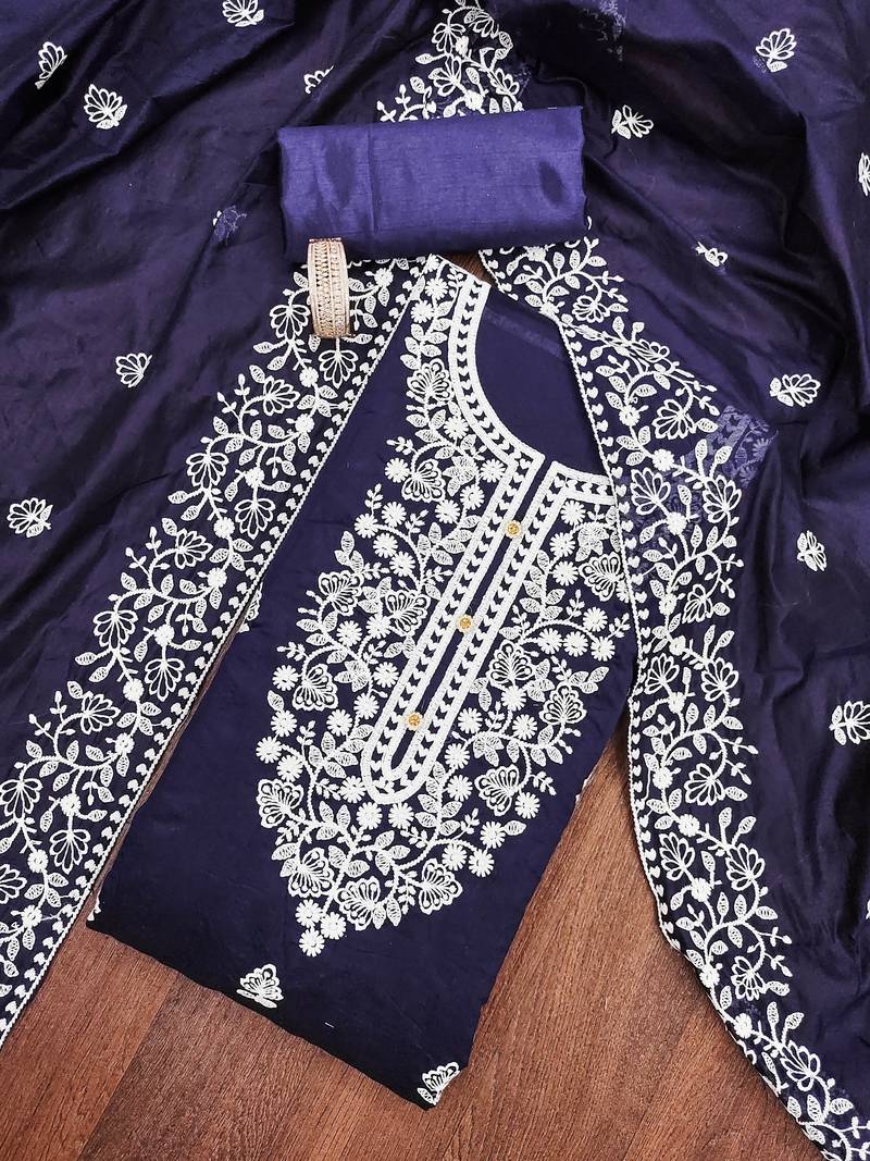 blue cotton embroidered dress material