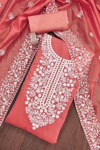 peach cotton embroidered dress material