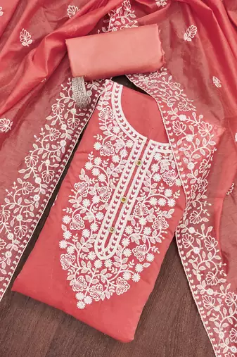 peach cotton embroidered dress material