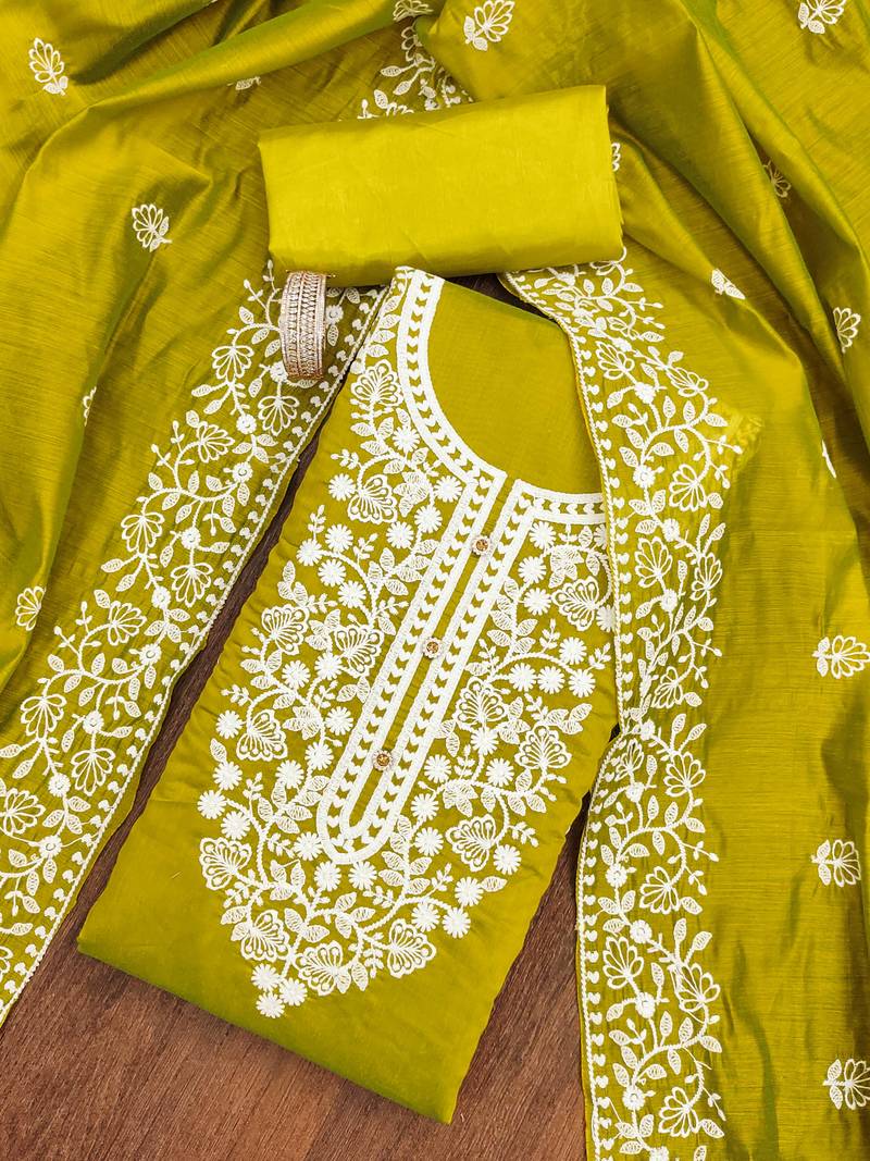 lime cotton embroidered dress material
