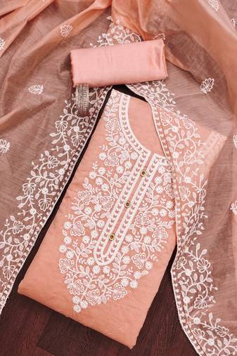 peach cotton embroidered dress material