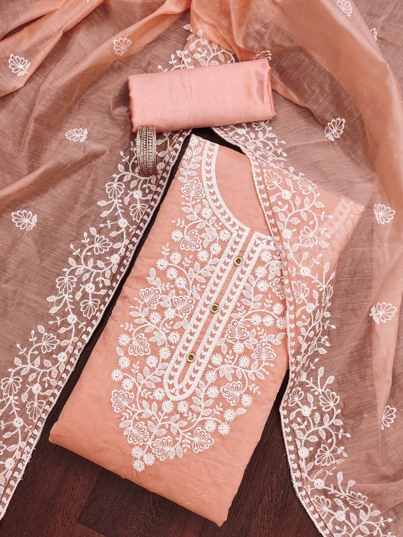 peach cotton embroidered dress material