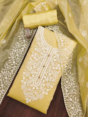 yellow cotton embroidered dress material 1