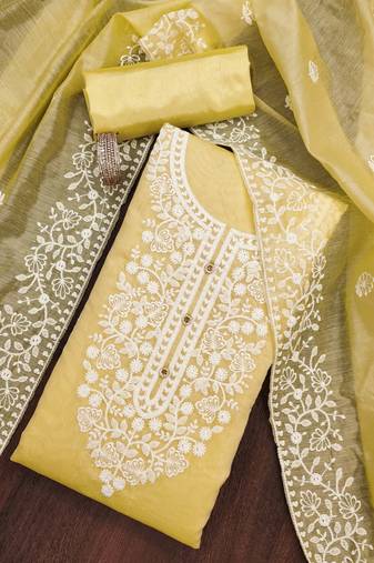 yellow cotton embroidered dress material