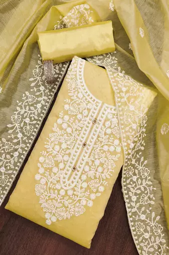 yellow cotton embroidered dress material