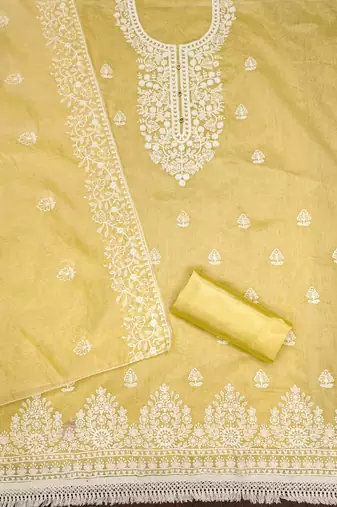 yellow cotton embroidered dress material