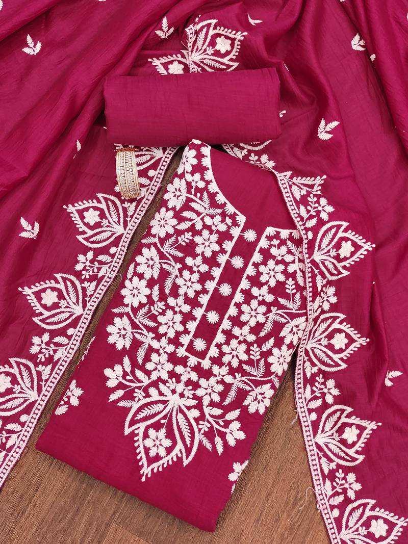 pink cotton embroidered dress material