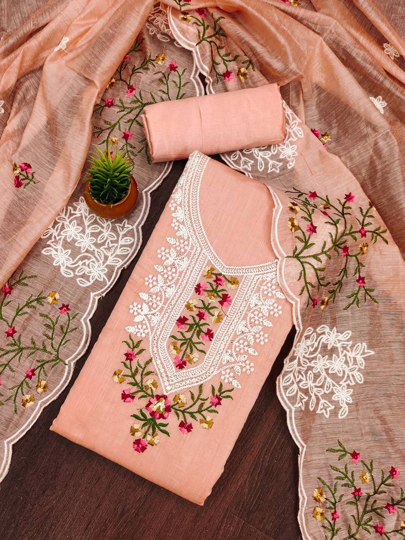 peach cotton embroidered dress material