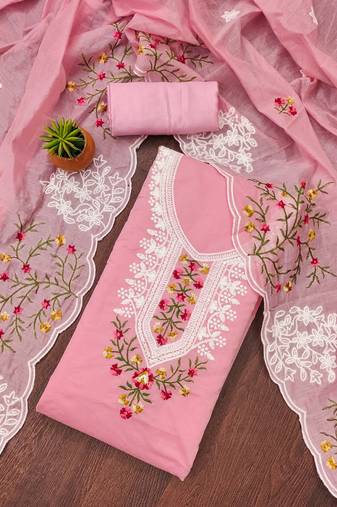 pink cotton embroidered dress material