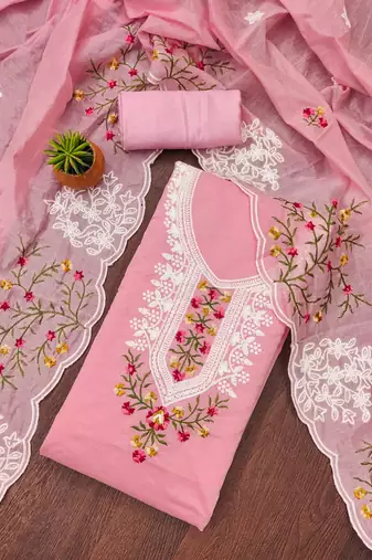 pink cotton embroidered dress material