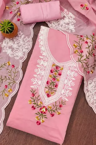 pink cotton embroidered dress material