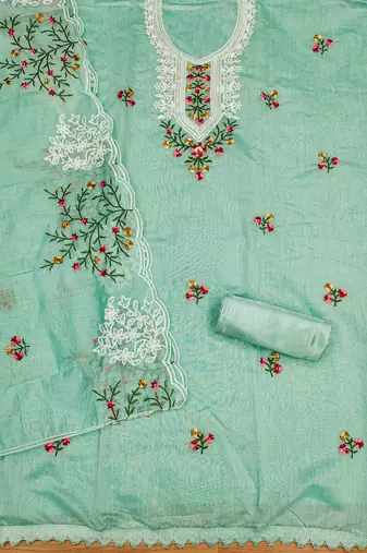 sea green cotton embroidered dress material