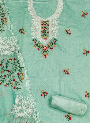sea green cotton embroidered dress material 3