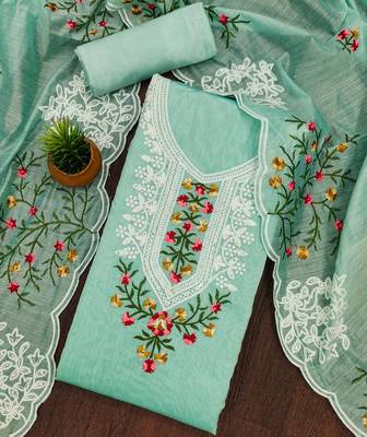 sea green cotton embroidered dress material 4