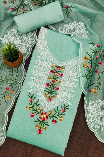 sea green cotton embroidered dress material