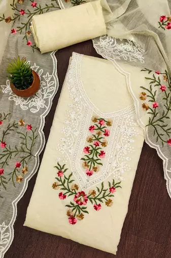 white cotton embroidered dress material