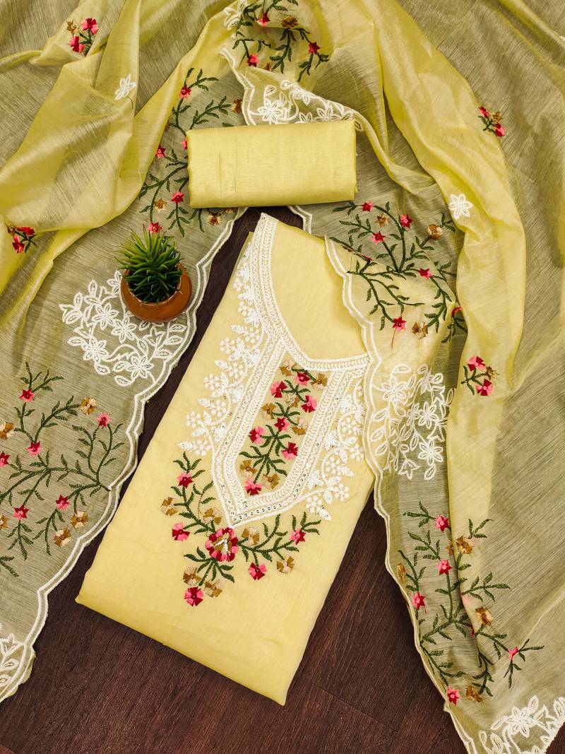 yellow cotton embroidered dress material