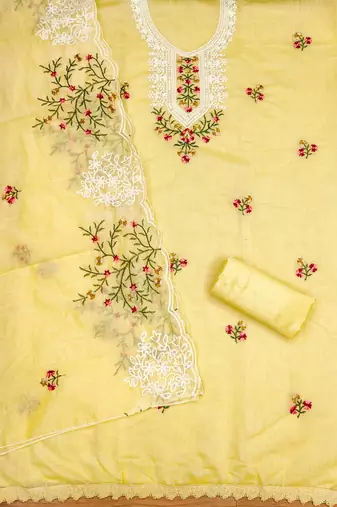 yellow cotton embroidered dress material