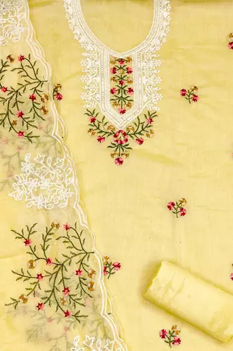 yellow cotton embroidered dress material