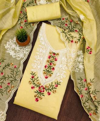 yellow cotton embroidered dress material 4