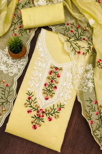 yellow cotton embroidered dress material