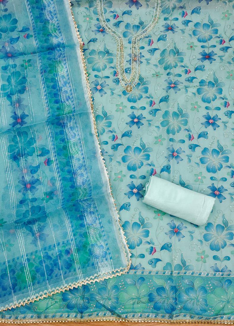 blue organza sequins dress material