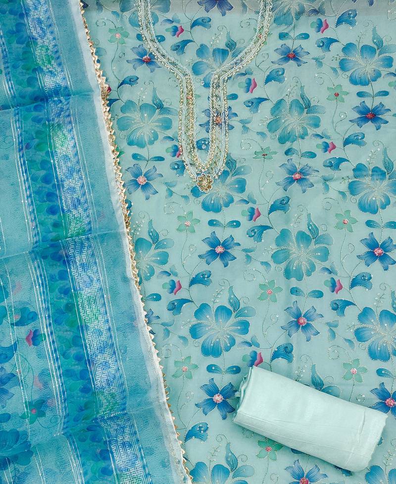 blue organza sequins dress material