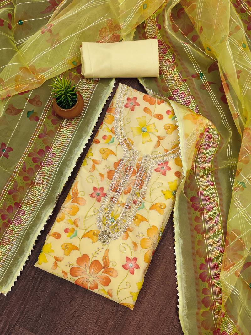 yellow organza sequins dress material