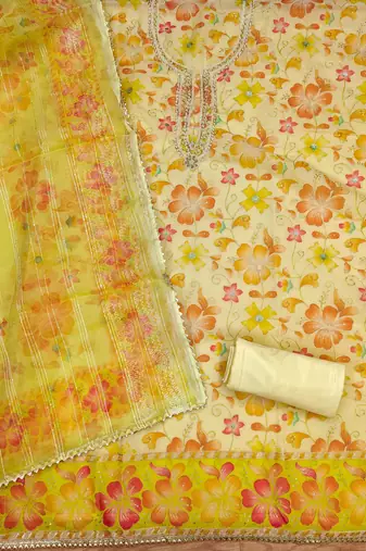 yellow organza sequins dress material